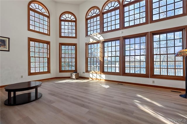 living room with a high ceiling and light wood-type flooring