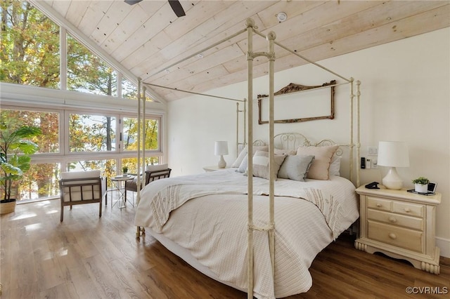 bedroom featuring lofted ceiling, wooden ceiling, and wood finished floors