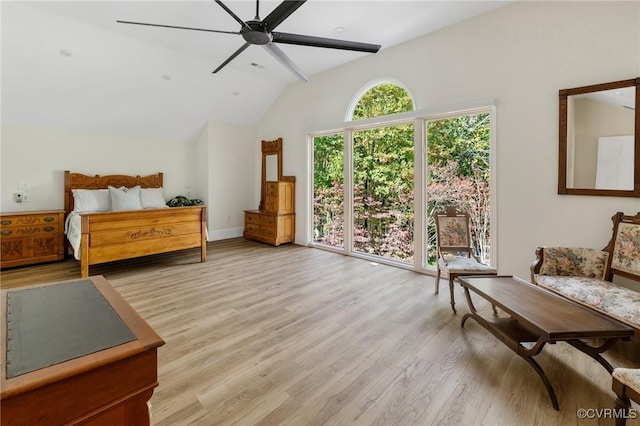 bedroom featuring ceiling fan, access to exterior, vaulted ceiling, baseboards, and light wood finished floors