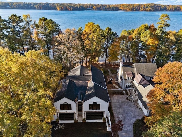 drone / aerial view with a water view