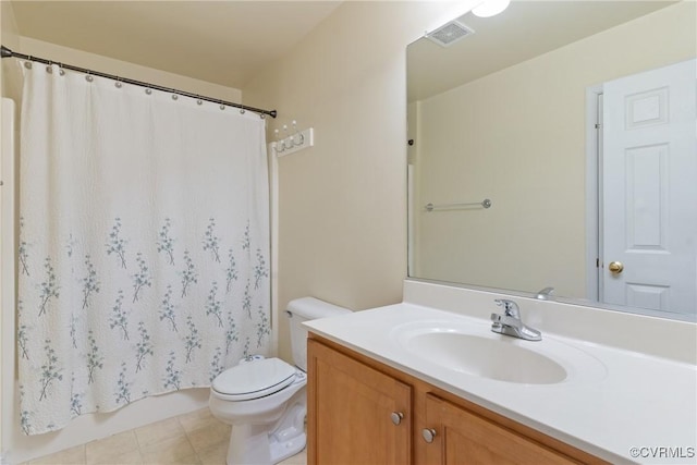 full bath featuring visible vents, vanity, toilet, and tile patterned floors