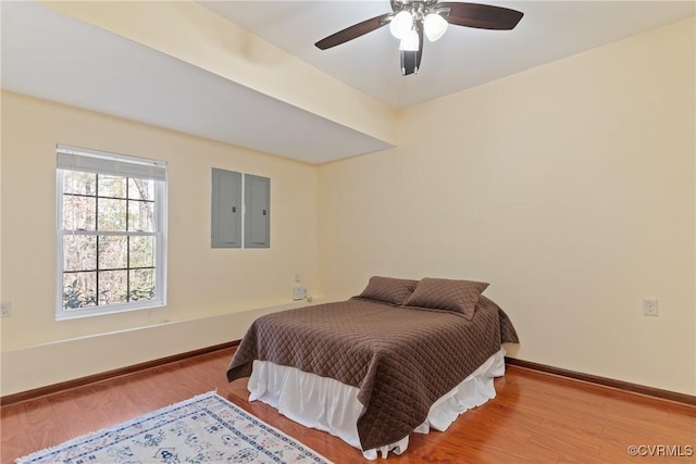 bedroom featuring a ceiling fan, electric panel, baseboards, and wood finished floors