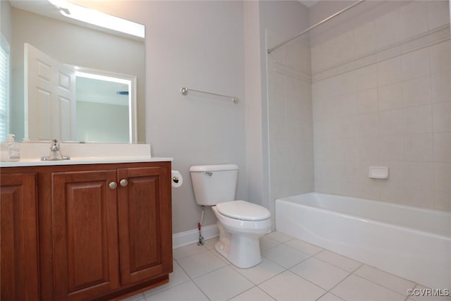 full bathroom with tile patterned floors, toilet, tiled shower / bath combo, and vanity