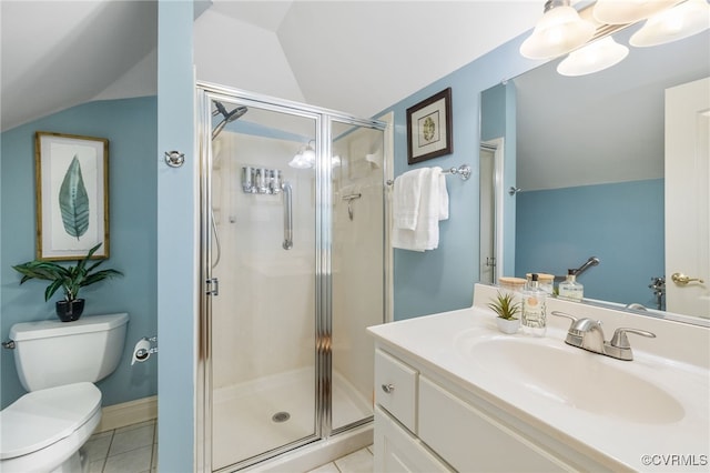 bathroom with vaulted ceiling, tile patterned floors, toilet, and walk in shower