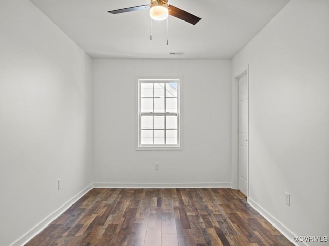 unfurnished room featuring dark wood-type flooring and ceiling fan