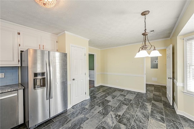 kitchen featuring white cabinetry, backsplash, ornamental molding, stainless steel fridge with ice dispenser, and decorative light fixtures