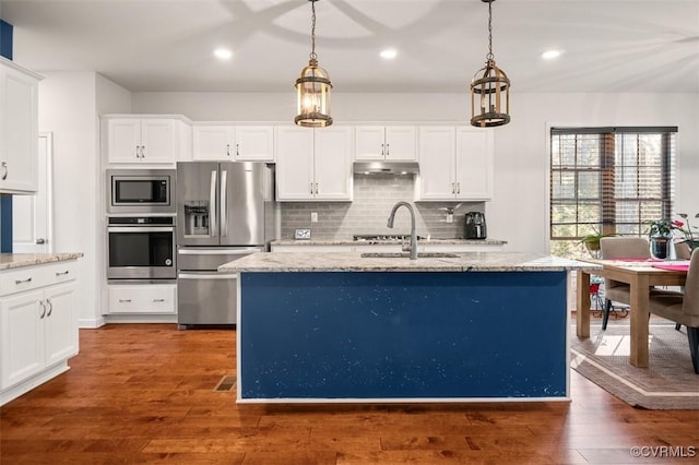 kitchen with tasteful backsplash, appliances with stainless steel finishes, dark wood-type flooring, under cabinet range hood, and a sink