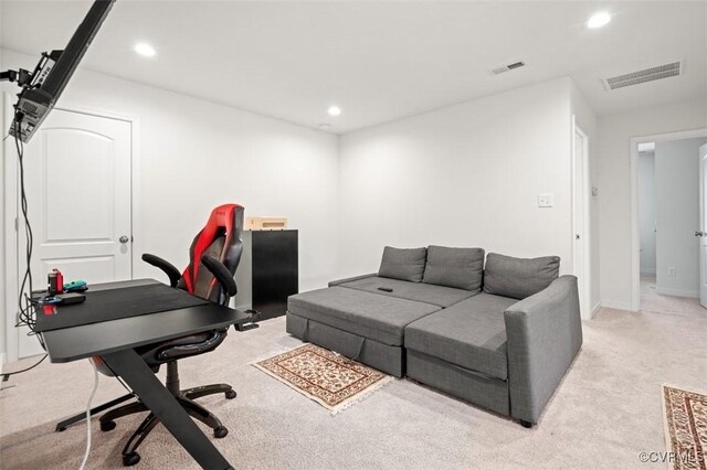 carpeted home office with visible vents and recessed lighting