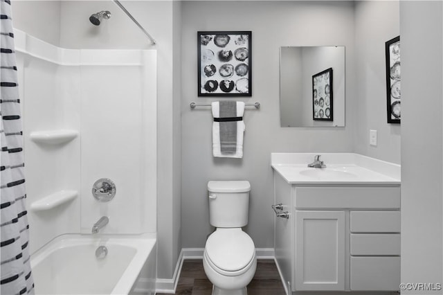 full bathroom with vanity, toilet, wood-type flooring, and shower / bath combo with shower curtain