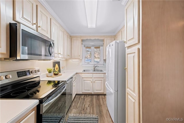 kitchen with appliances with stainless steel finishes, light hardwood / wood-style floors, and sink