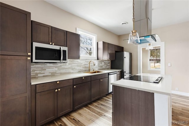 kitchen featuring dark brown cabinetry, light wood finished floors, tasteful backsplash, stainless steel appliances, and a sink