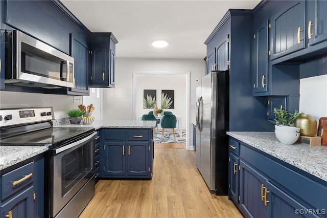 kitchen with blue cabinets, light hardwood / wood-style floors, kitchen peninsula, stainless steel appliances, and light stone countertops