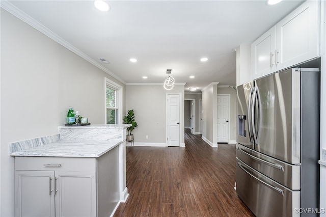 kitchen featuring stainless steel refrigerator with ice dispenser, dark wood-type flooring, crown molding, light stone countertops, and white cabinets