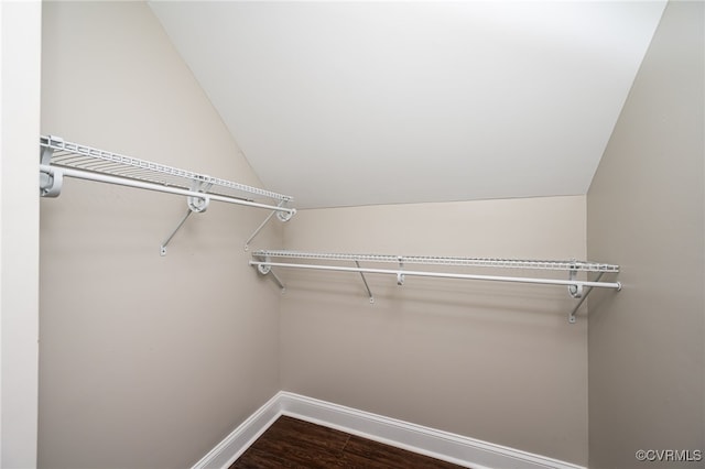 walk in closet featuring lofted ceiling and dark hardwood / wood-style flooring