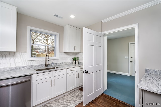 kitchen featuring white cabinetry, light stone countertops, sink, and stainless steel dishwasher