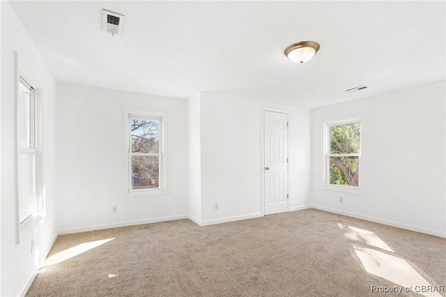 unfurnished room with light colored carpet and a healthy amount of sunlight