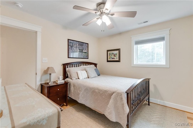 bedroom featuring ceiling fan and light hardwood / wood-style flooring