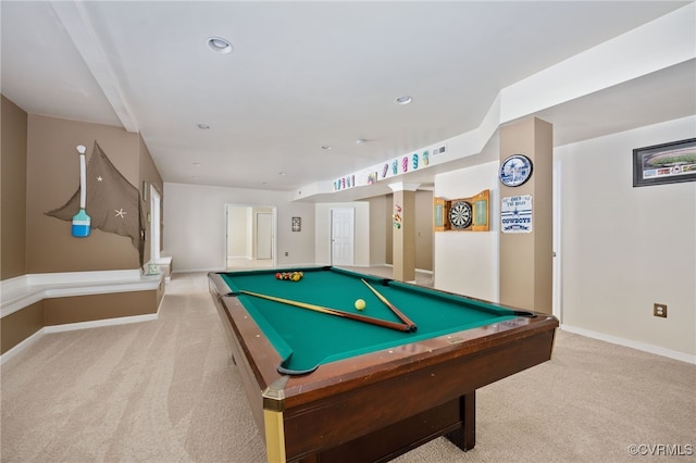 recreation room with billiards and light colored carpet