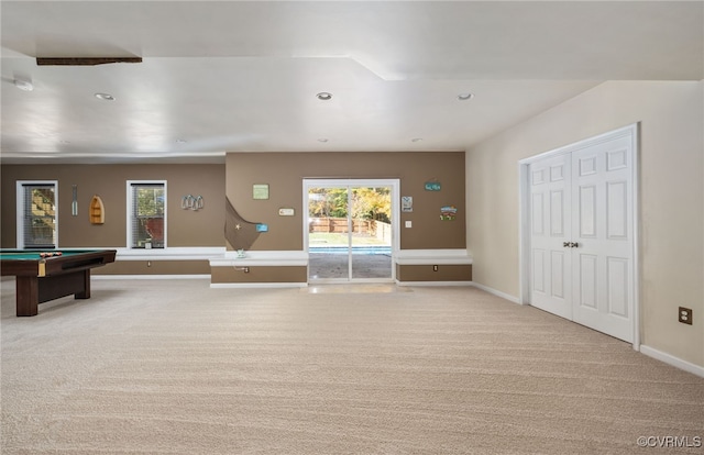 game room featuring billiards and light carpet