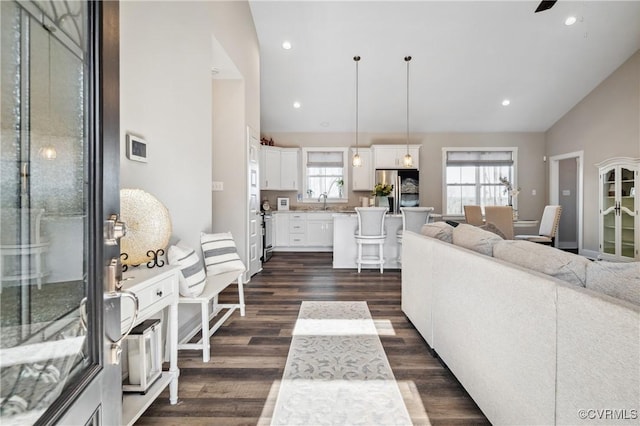 living room with high vaulted ceiling, dark hardwood / wood-style floors, and ceiling fan