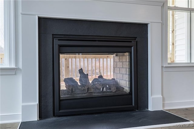 details featuring a multi sided fireplace and hardwood / wood-style floors