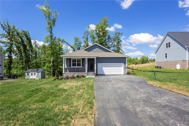 ranch-style house featuring stone siding, a porch, a front lawn, and an attached garage