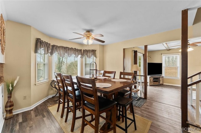 dining area with ceiling fan and dark hardwood / wood-style flooring