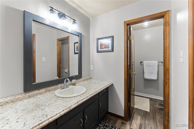 bathroom with vanity and wood-type flooring