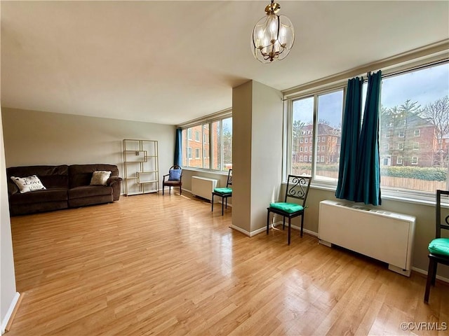 sitting room featuring an inviting chandelier, radiator heating unit, a healthy amount of sunlight, and light wood-type flooring