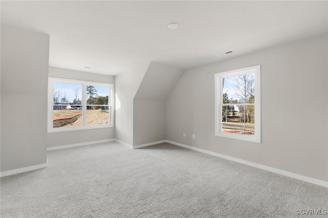 additional living space with light carpet and vaulted ceiling