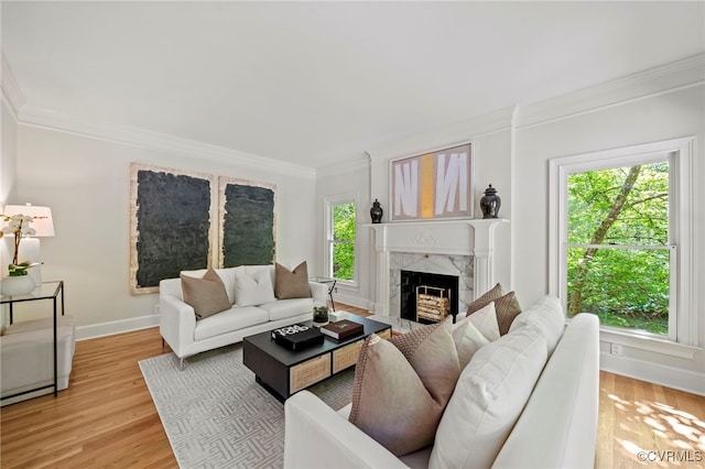 living room with baseboards, light wood-type flooring, a fireplace, and crown molding