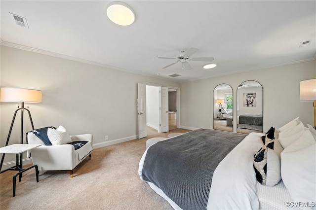 bedroom with light carpet, baseboards, visible vents, and crown molding