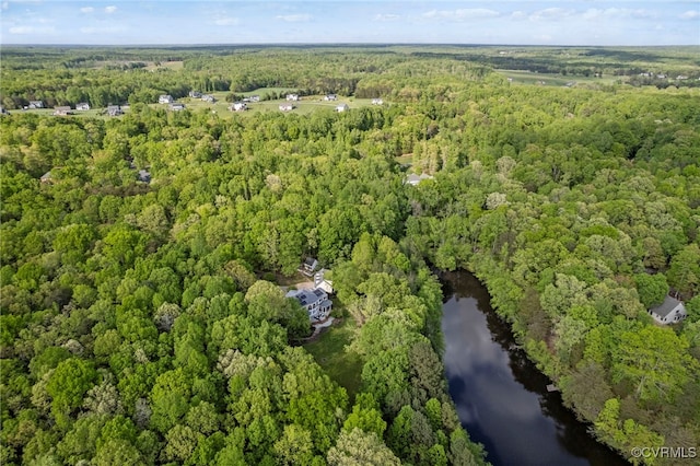 bird's eye view featuring a water view and a view of trees