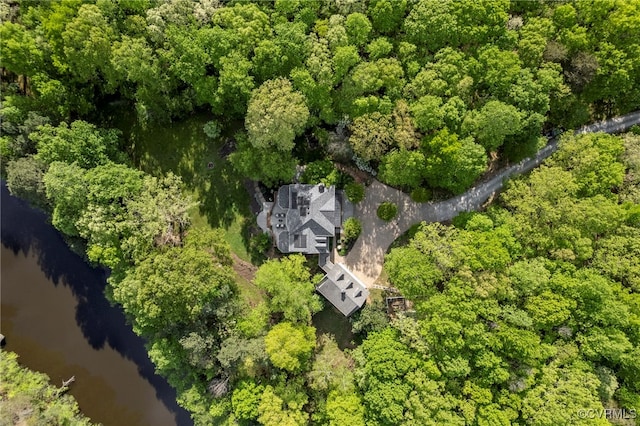 birds eye view of property with a water view and a view of trees