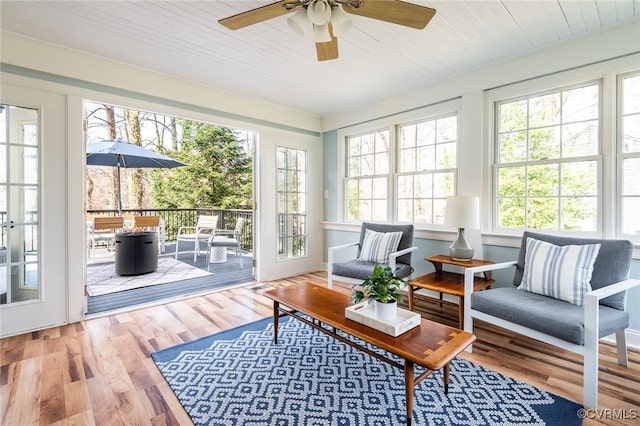 sunroom featuring wooden ceiling