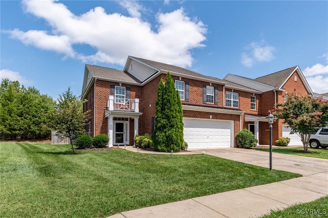 view of front of property with a balcony, a garage, and a front lawn