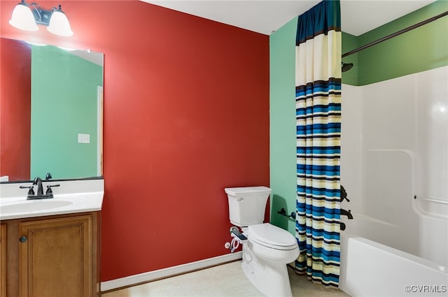 full bathroom with vanity, shower / bathtub combination with curtain, and toilet