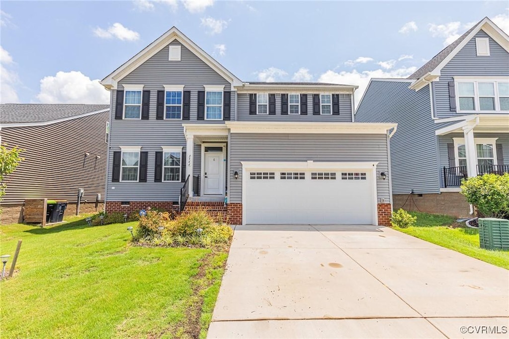 view of front of house with a garage, central air condition unit, and a front lawn