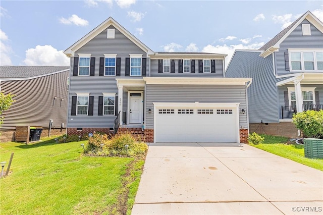 view of front of house with a garage, central air condition unit, and a front lawn