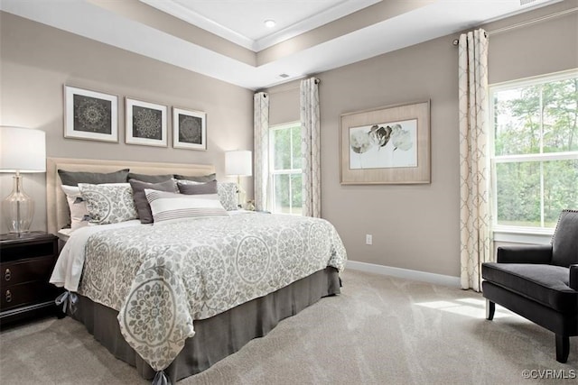 carpeted bedroom with crown molding and a tray ceiling