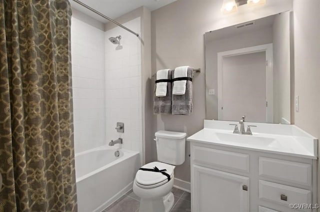 full bathroom with shower / bath combination with curtain, vanity, toilet, and tile patterned flooring