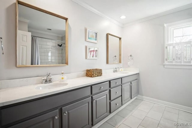 bathroom featuring ornamental molding, vanity, tile patterned flooring, and walk in shower