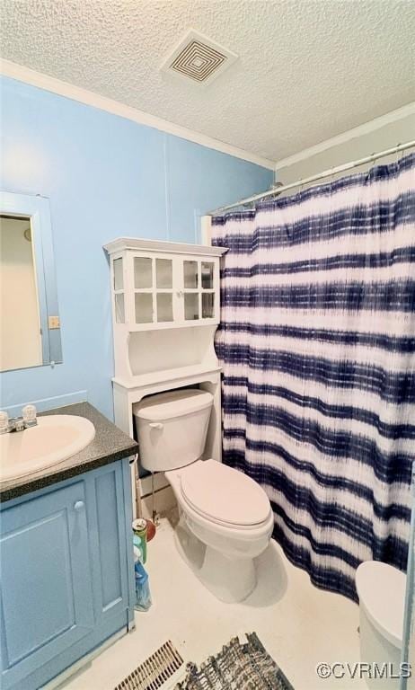 bathroom featuring toilet, crown molding, a textured ceiling, vanity, and a shower with shower curtain