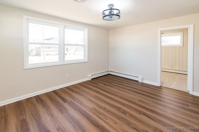 unfurnished room featuring a baseboard radiator and dark hardwood / wood-style floors