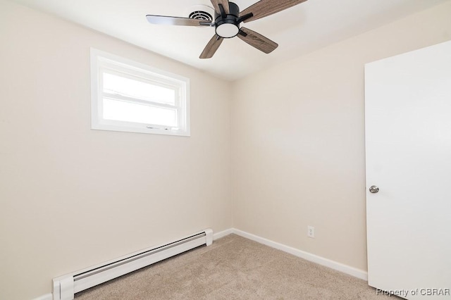 unfurnished room featuring light colored carpet, ceiling fan, and baseboard heating