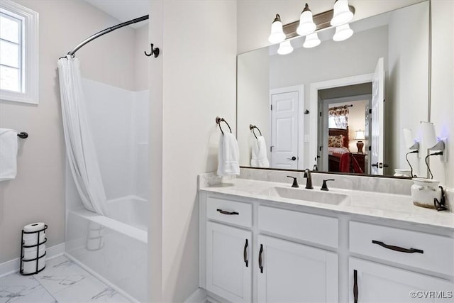 bathroom with vanity and shower / bath combo with shower curtain