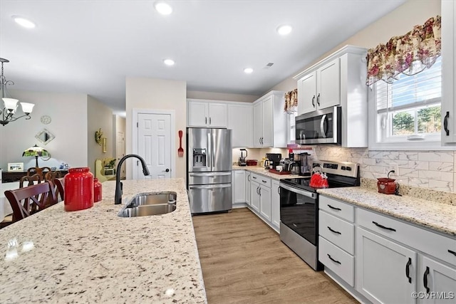 kitchen with stainless steel appliances, sink, pendant lighting, and white cabinets