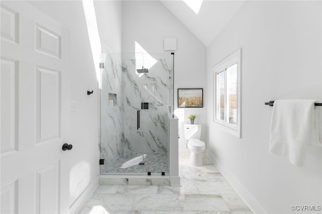 bathroom featuring toilet, lofted ceiling with skylight, and an enclosed shower