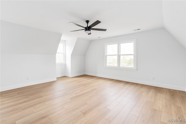 bonus room featuring vaulted ceiling, ceiling fan, and light hardwood / wood-style flooring