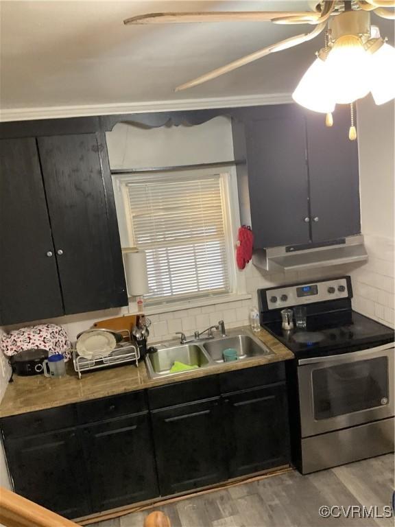 kitchen featuring stainless steel electric stove, sink, backsplash, and light hardwood / wood-style flooring